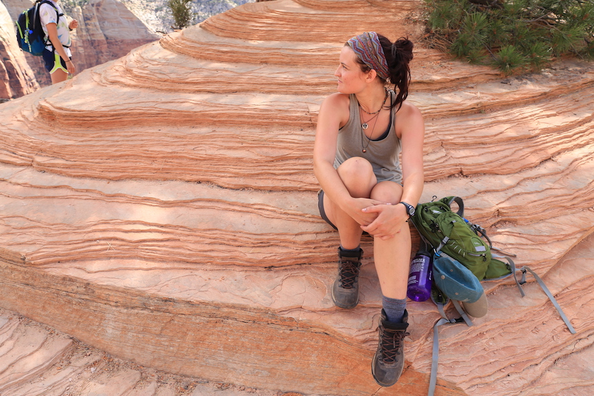 A student sites on a rock at Angel's Landing Rest Zion National Park, UT 2016 photo by Xiao Ta