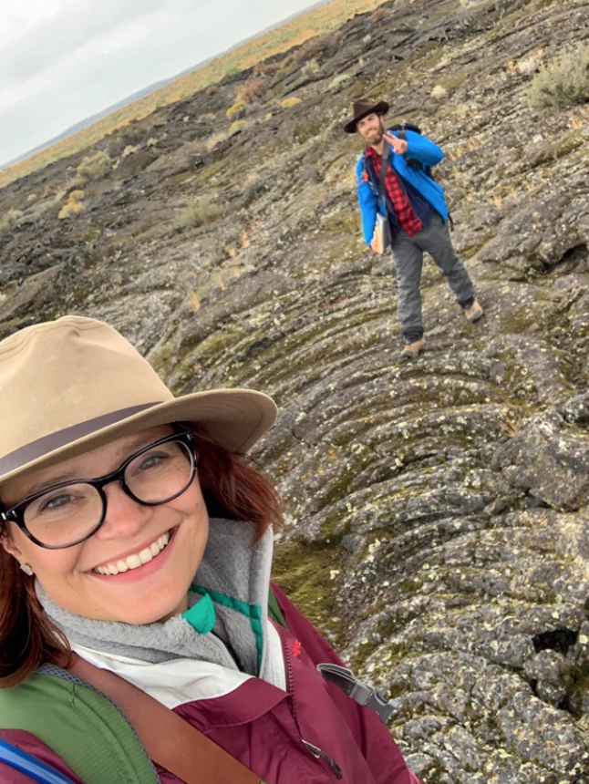 Ph.D. student Melanie Callihan and her field assistant undergraduate student Cash Owens, who studied lava flow/fault interactions in Craters of the Moon National Monument, Idaho this September
