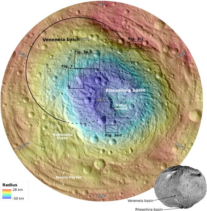 Fig. 1. Overview map of the Rheasilvia and Veneneia basins displayed as hillshade generated from the Dawn Digital Terrain Model (DTM; Preusker et al., 2016) with the solar azimuth of 56°E and incidence angle of 45°, color-coded by elevation in south polar stereographic projection.