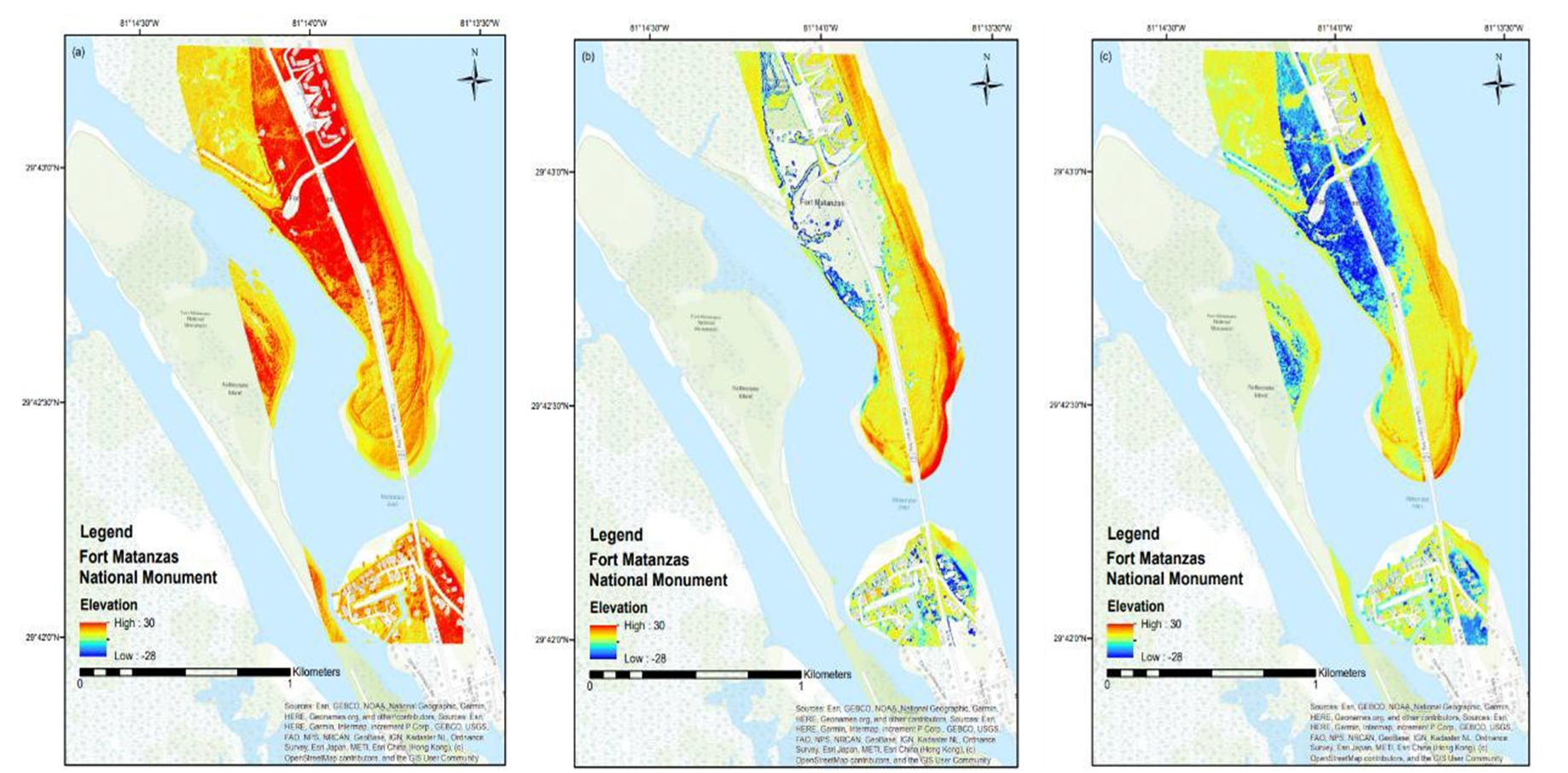 Figure 4. LiDAR derived DEM difference maps generating three-dimensional elevation changes of Fort Matanzas NM from 2006 to 2017