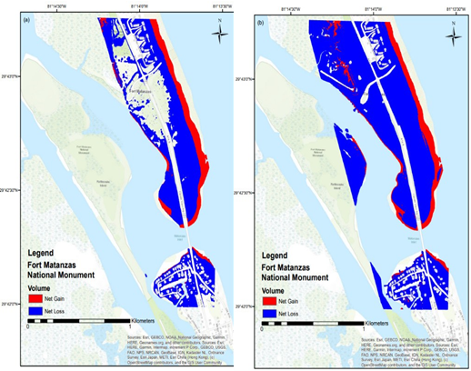 Spatial change maps detailing the volumetric distribution changes of both deposited (net gain) and erosional activity (net loss) of unconsolidated sedimentary material at Fort Matanzas NM from 2010 to 2013