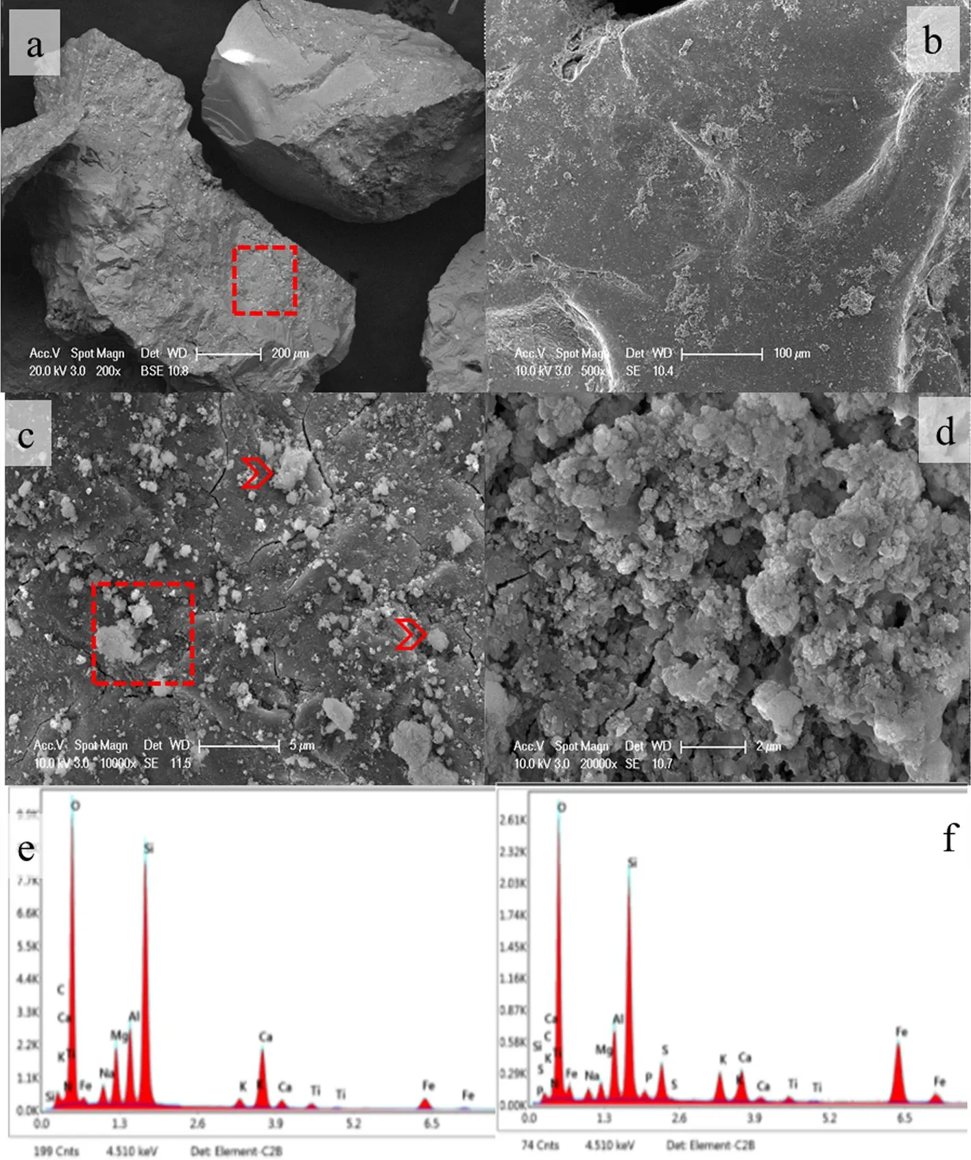 Fig 10: SEM photomicrographs of the abiotically reacted basaltic grains in acid sulfate solution. a Surface of the pre-reacted BS2 grains. b-c Surface of the post-reacted BS2-B grains. d A closer view of the red square in c. e EDS spectra of a. f EDS spectra of the post-reacted basalt grains in d