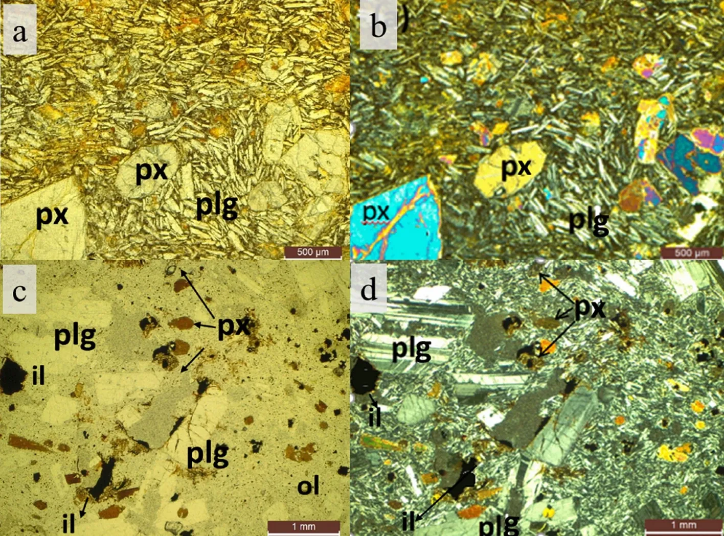 Fig 2: Petrographic photomicrographs of BS2 rock sample under plane polarized (a, c) and cross polarized light (b, d). px: clinopyroxene, plg: plagioclase, il: ilmenite