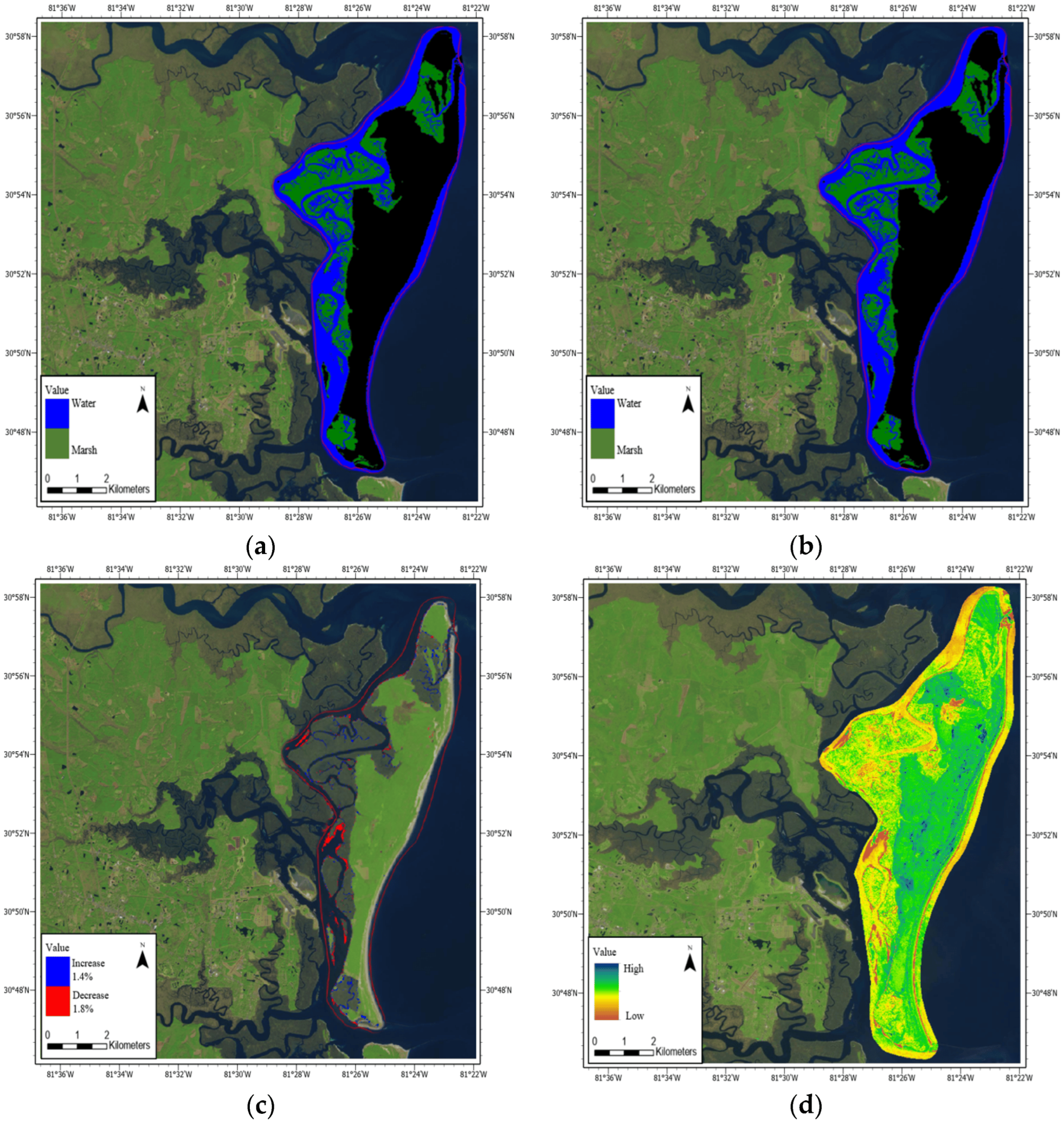 Maximum likelihood classification of Cumberland Island National Seashore from 2019 (a) to 2020 (b). (c) Change detection analysis of marsh land. (d) NDVI salt marsh assessment determining differential reflection of the vegetation density and relative growth using spectral reflectivity of solar radiation from 2019 to 2020.