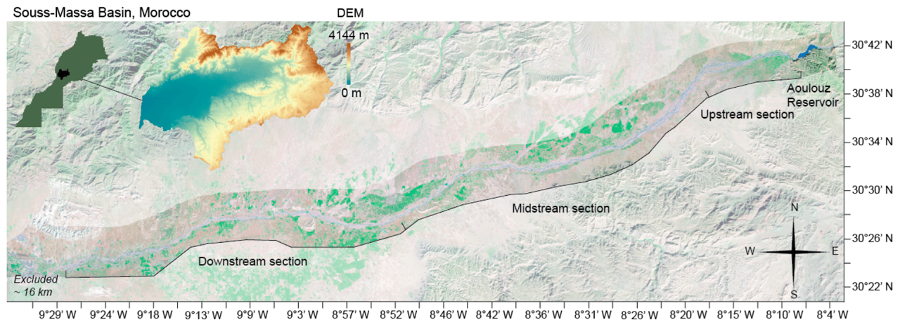 Figure 1: The Souss channel, located in central Morocco. The channel is broken into three distinct sections based on basin morphology: upstream, midstream, and downstream. The final 16 km of the downstream section of the channel was excluded from analysis, as the reach from Drarga to the terminus at the Atlantic Ocean experiences rare surface flow and common saltwater intrusion. In the upper left, a DEM of the Souss–Massa basin displays variable elevation, ranging from 4144 m in the channel uplands to 0 m across the downstream section of the plain.